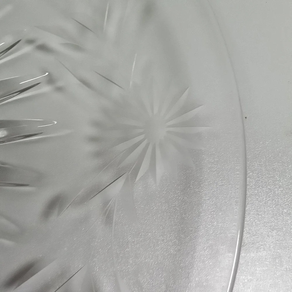Vintage Etched Floral Glass Platter 13.5 Inch Round‎ Sunburst  Clear Frosted